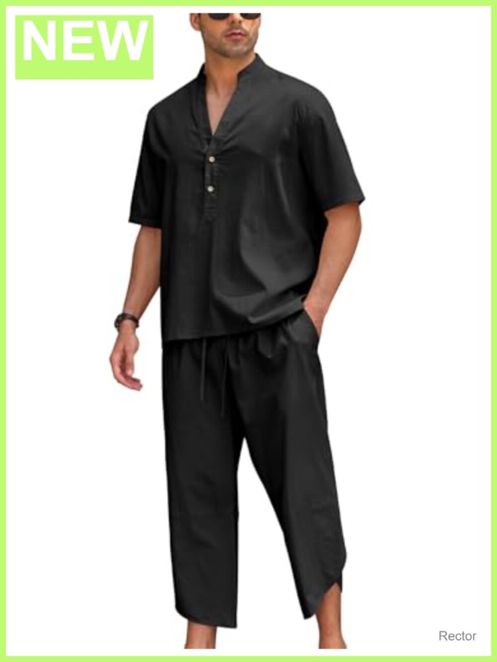 Men Linen Cotton 2 Piece Short Sleeve V Neck Shirt & Harem Capri Pants Lounge